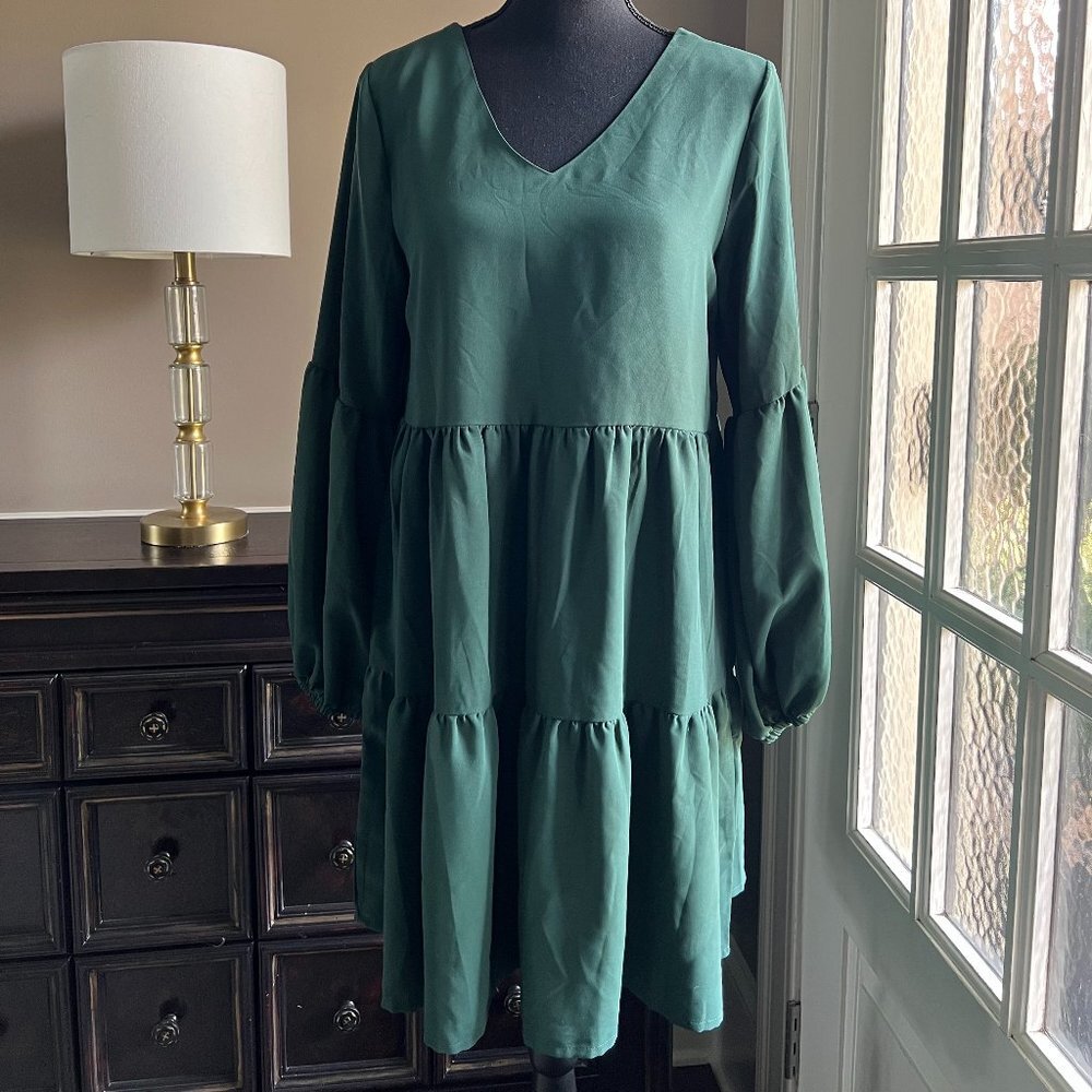 Bohemian Green Long Sleeve Tiered Dress V Neck Small - 0424